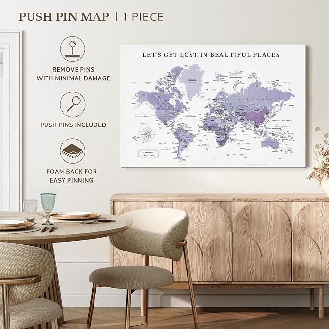 ElephantStock - Beautiful Places II Push Pin World Map Wall Art - Horizontal Canvas Wall Art - Living Room Wall Decor - Digital Art Map Canvas Art - White And Black Decor - 24" x 16"