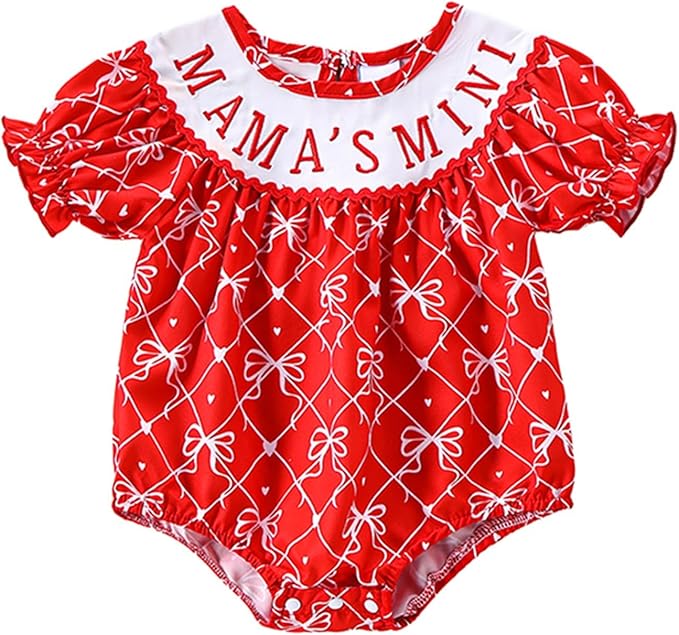 Newborn Baby Girl Romper Mamas Mini Bow Plaid Print Puff Sleeve Smocked Bubble Romper Jumpsuit Bodysuit Clothes