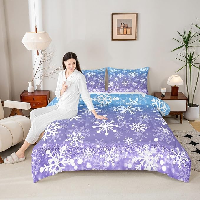 Feelyou Blue and Purple Snowflake Bedding Set Soft for Boys Girls, Winter Snowflake Comforter Set Toddler Size Christmas Duvet Quilt Holiday New Year Bedroom Decor 2 Pcs with 1 Pillow Cases