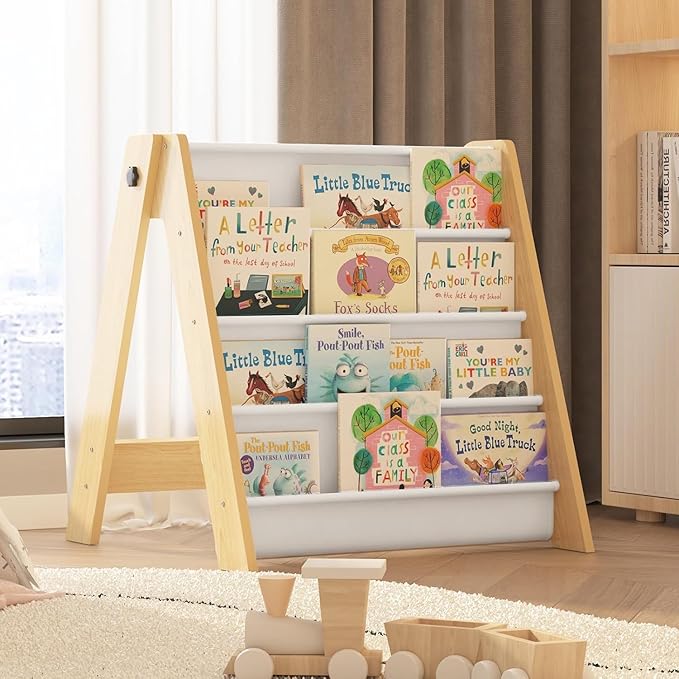 NACHES Montessori Kids Bookshelf Fabric Sling Pockets – Front Facing Toddler Book Display and Toy Storage Organizer for Nursery Playroom or Bedroom 23" Wide (Burlywood, Small)