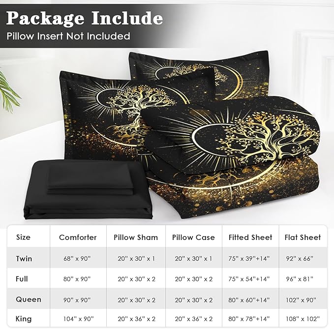 7 Pcs King Size Comforter Set with 2 Pillowcases & 2 Shams, Black Sun and Moon Bedding for Kids and Adults, Nature Tree of Life Bed in a Bag with Flat Fitted Sheet