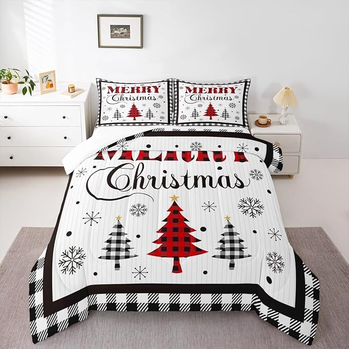 Merry Christmas New Year Kids Comforter Set Twin Size,Snowflake Pine Trees Bedding,Girls Boys Adults Bedroom/Xmas Cabin Decor,Grids Geometric Fashion Down Comforter,Rustic Duvet Insert,1 Pillowcase