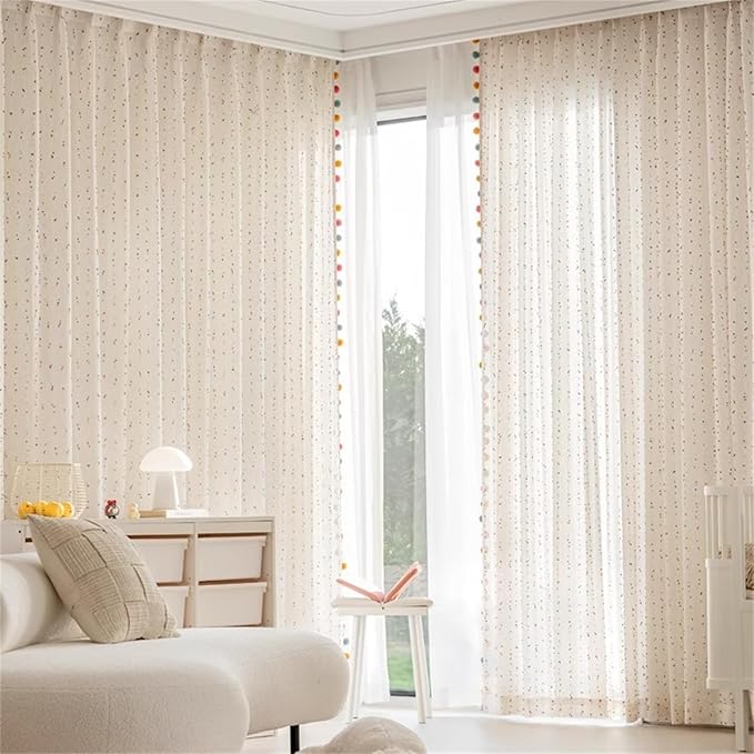Boho Rainbow Sheer Curtain with Colorful Pom Pom Voile Drapes Light Filtering Faux Linen Stripe Pompom Rod Pocket Window Drapes for Boys /Girls Bedroom/Nursery 2 Panels (W52 X L84 Inch-2PCS,White)