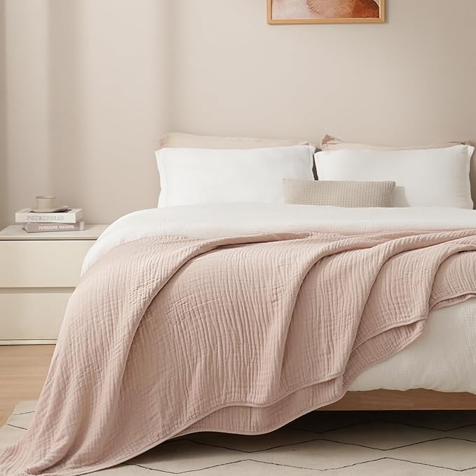 PHF Cooling Muslin Blanket Twin Size 60"x80", 6-Layer Lightweight Gauze Blanket Made from 35% Rayon Derived from Bamboo & 65% Cotton, Breathable & Ultra Soft Cozy, Aesthetic Home Decor, Cameo Rose