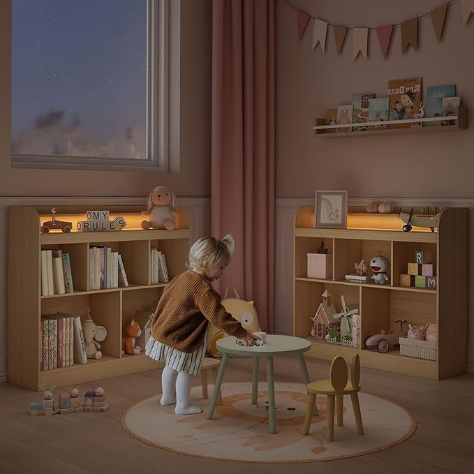 Lkeiyay Open Shelf Kids Bookcase，Montessori Toy Organizer with LED Lights - Oak Wooden Open Bookcase for Kids, Bedroom, Back to School，Playrooms & Nurseries
