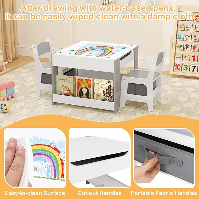 HONEY JOY Kids Table and Chairs, 4-in-1 Children Wooden Activity Set w/Double Bookshelves, Storage, Detachable Tabletop, for Art, Craft, Drawing, Reading, Gift for Toddlers 3-6 Years Old (Gray)