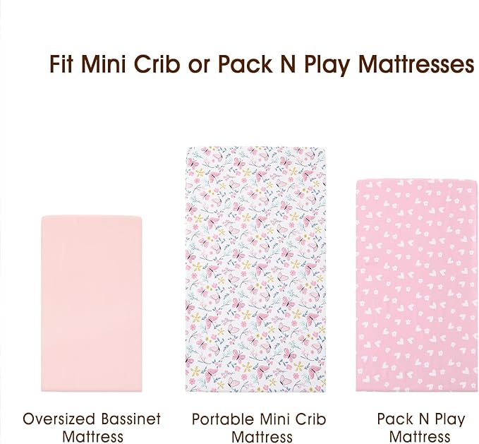 PHF 3 Pack Soft Mini Crib Sheets, Butterfly Pack N Play Sheets for Baby Girls, No Slip Universal Fit for Pack N Play, Playard, Portable and Mini Crib Mattresses, Butterfly