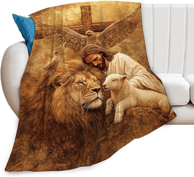 Jesus Blanket Lion Lamb Throws Christian Cross Print Plush Fuzzy Fleece Blankets Gifts for Girls Boys Women Super Soft Warm Cozy God Eagle Stuff for Men Women Couch Bed Sofa Bedding Decor 50"x40"