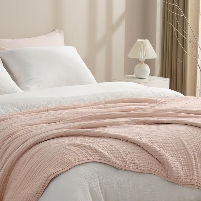 PHF Cooling Muslin Blanket Queen Size 90"x80", 6-Layer Lightweight Gauze Blanket Made from 35% Rayon Derived from Bamboo & 65% Cotton, Breathable & Ultra Soft Cozy, Aesthetic Home Decor, Cameo Rose