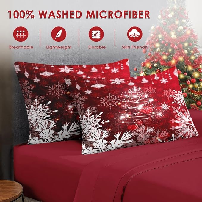 7 Pcs Queen Size Christmas Comforter Set with 2 Pillowcases & 2 Shams, Red Glitter Xmas Tree Bedding for Kids and Adults, White Elegant Snowflake Bed in a Bag with Flat Fitted Sheet