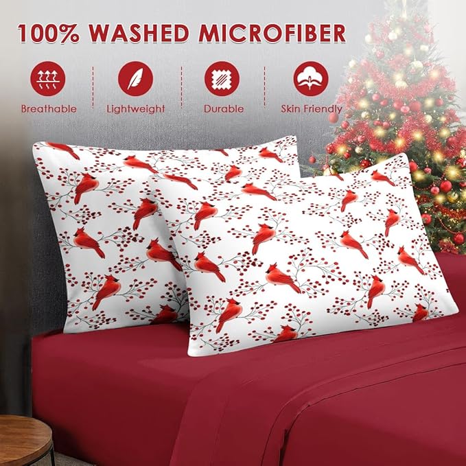 7 Pcs Full Size Christmas Comforter Set with 2 Pillowcases & 2 Shams, Winter Cardinal Bird Bedding for Kids and Adults, Berries Branches Bed in a Bag with Flat Fitted Sheet