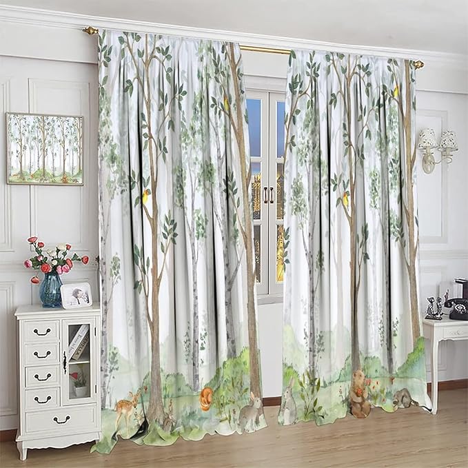 Kids Animal Curtains, Watercolor Natural Forest Animal Hedgehog Fox Butterfly Rabbits Forest Print Curtain Boys and Girl Bedrooms 55x63in