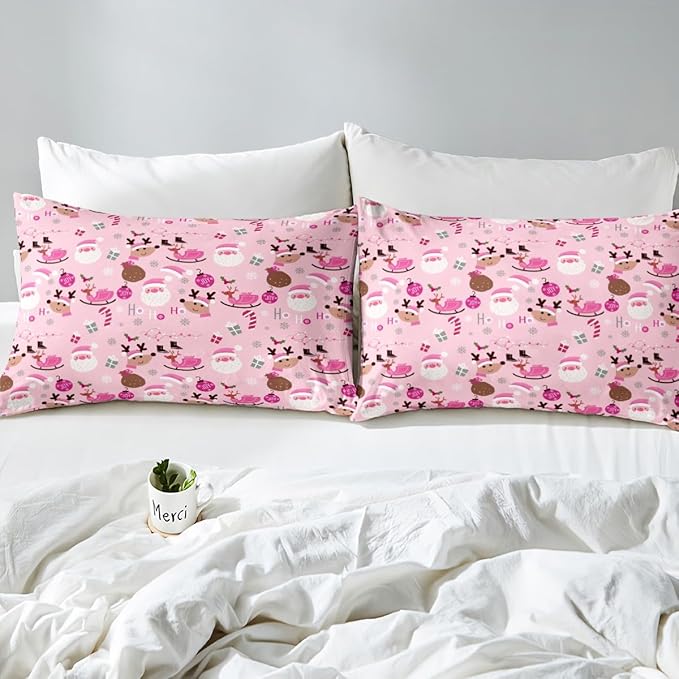 Manfei Christmas Duvet Cover Set Queen Size, Santa Claus and Reindeer Comforter Cover with 2 Pillowcases, New Year Pink Bedding Set 3pcs for Kids Girls Adult Lightweight Bedspread Cover,No Comforter