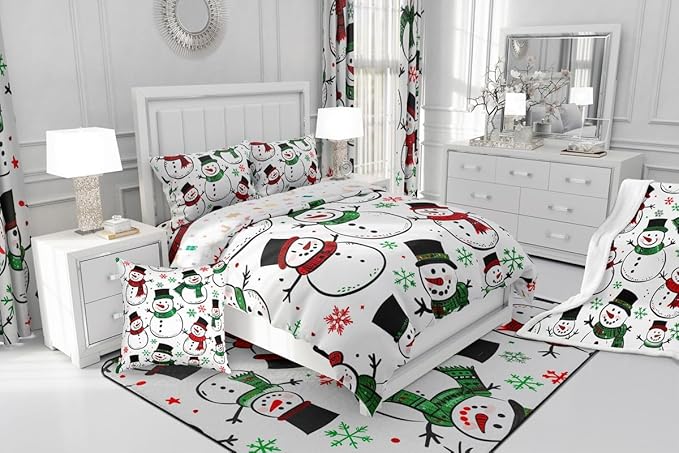Feelyou Christmas Comforter Set All Season Snowman Bedding Set with 1 Pillow Cases Snowflake Microfiber Kids Twin Bedclothes Bedroom Decor Duvet Quilt Breathable Soft Lightweight