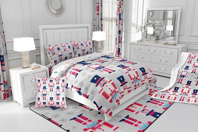 Feelyou Cute Nutcracker Comforter Set Toddler Size Christmas Ornaments Bedding Set for Kids Boys Girls Xmas Snowflake Duvet Quilt Soldier Bedroom Decor Kawaii Microfiber 2 Pcs with 1 Pillow Cases
