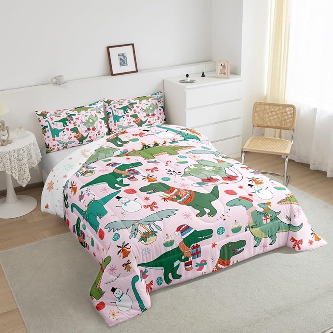 Feelyou Christmas Pink Comforter Set King Size for Kids Boys Girls Cartoon Xmas Dinosaur Bedding Set Snowman New Year Decorations Bedroom Quilt Set
