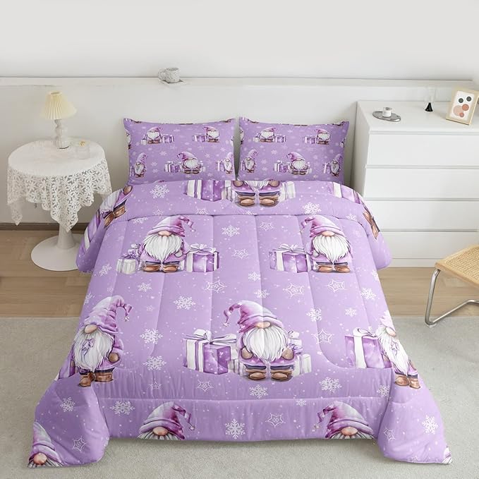 Feelyou Purple Christmas Kids Comforter Set Queen Size Scandinavian Christmas Santa Gnomes Bedding Set Xmas Snowflake Duvet Quilt for Kids Boys Girls Bedroom Decor Ultra Soft Breathable