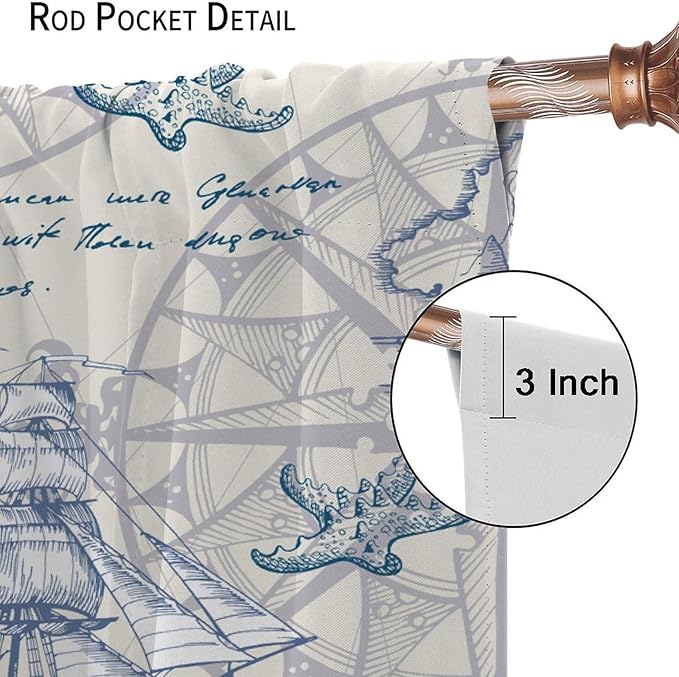Nautical Sailboat Map Curtain,Ship Compass Lighthouse Anchor Decorative Curtain Polyester Fabric Waterproof Bedroom Curtain Set 2 Panels,63x63 Inches