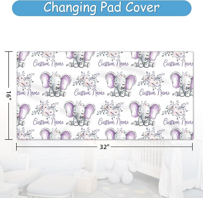 Custom Baby Crib Bedding Set, 5 Pcs Personalized Purple Elephant Crib Bedding Set with Name, Baby Boys Girls Nursery Crib Set, Soft Flannel Baby Blanket, Customized Gift for Infant New Parents
