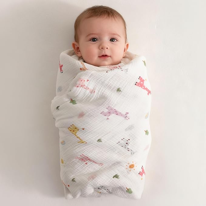 NTBAY 2 Layer Muslin Cotton Baby Swaddle Blanket, 42x60 Soft and Breathable Receiving for Newborns and Infants, Perfect for Crib, Stroller, Travel, Lightweight Nursery Blanket, Cartoon Giraffe