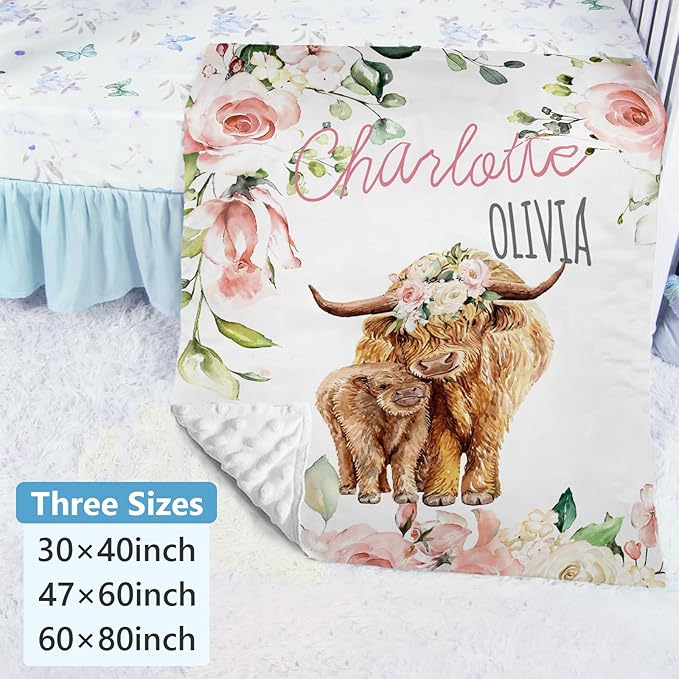 Personalized Baby Bedding Set: 5 Piece Custom Gift Rose Highland Cow Crib Bed Set with Name, Nursery Bedding Set for Baby Girls and Boys, Floral Crib Bedding Gifts (Fixed Size)