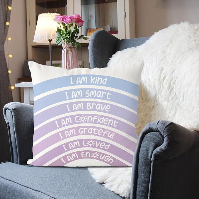 QIYUHOY Boho Rainbow Classroom Throw Pillow Covers, Book Center Calming Corner Playroom Decor Pillow Case, Purple Pillow Cover, I Am Kind Smart Brave Confidence 24x24 Inch Pillowcase(Royal Purple)