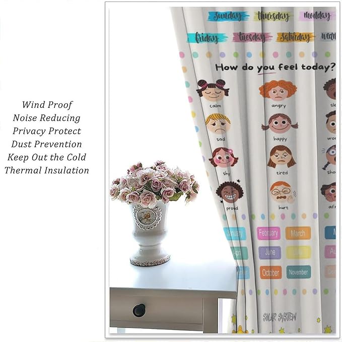 Kids Educational Alphabet Cartoon Curtain Solar System Shapes Cute Knowledge Printed Rod Pocket Blackout Window Drapes for Todders Nursery Baby Bedroom Living Room 72" W X 63" L