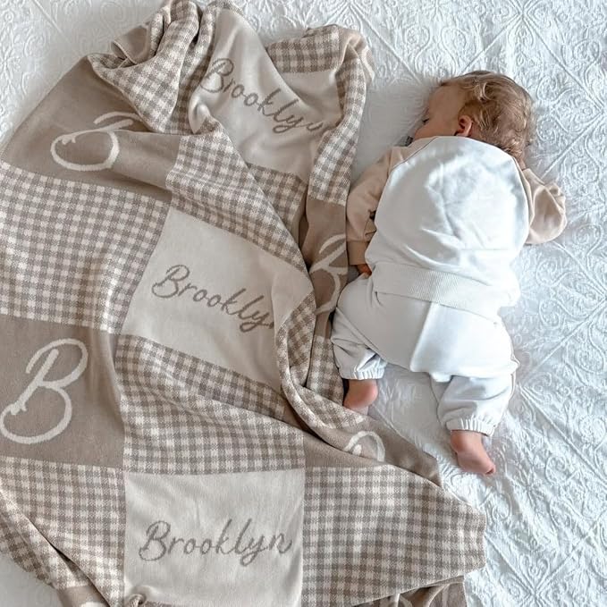 Personalized Signature Gingham Blanket – 100% Organic Cotton Customized Baby Blanket, Custom Name, Crib 36x60, Gift for Baby Shower, Birthday Present, Girls and Boys, Toddlers Kids, Made In America