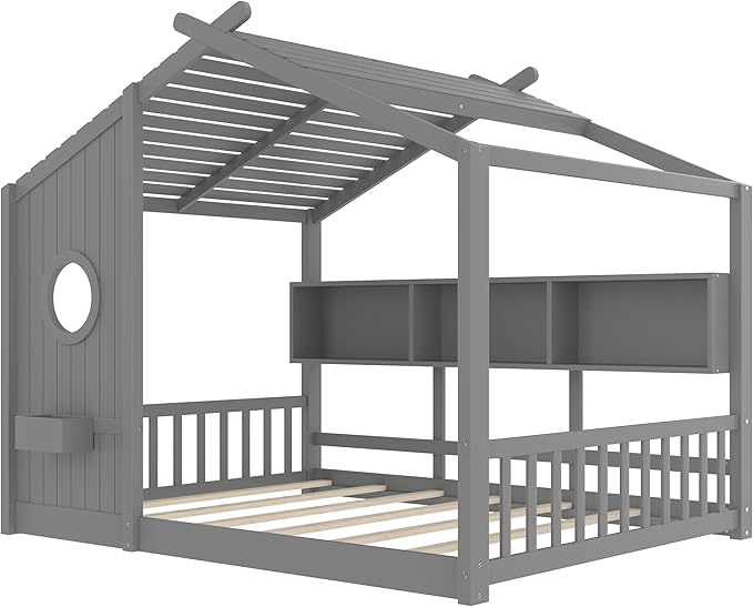 Full Size Floor House Bed with Roof and Window for Kids, Wooden Playhouse Bed with Storage Shelves for Bedroom Furniture Girls & Boys (Gray/L1, Full)