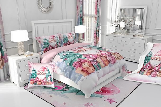 Feelyou Pink Christmas Comforter Set All Season Santa Claus Bedding Set with 1 Pillow Cases Cute Snowflake Kids Twin Bedclothes Merry Christmas Tree and Snowman Decor Duvet Quilt Soft