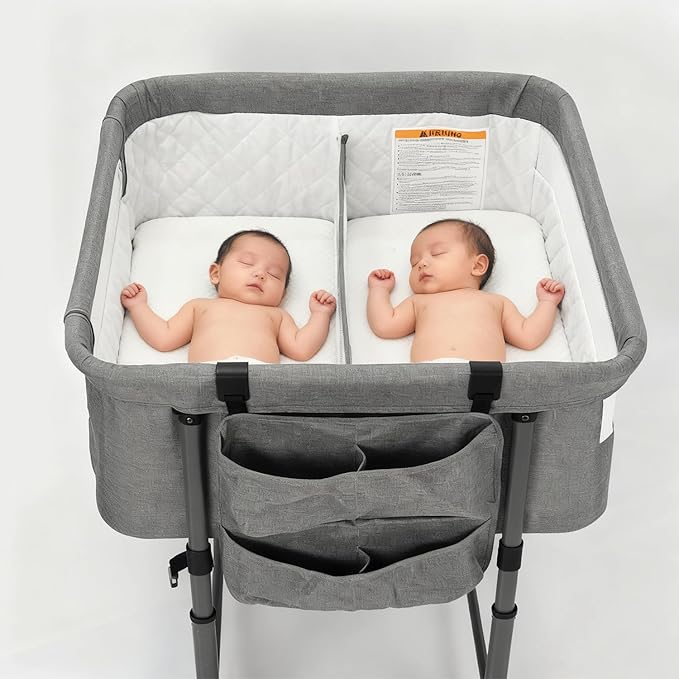 MTWML Twin Bassinet for 2 Babies,Portable Twins Crib with Storage Bag and Replaceable Mattress Cover,Adjustable Height Double Bedside Crib Attaches to Bed with Strap for 0-6 Months (Deep Grey)