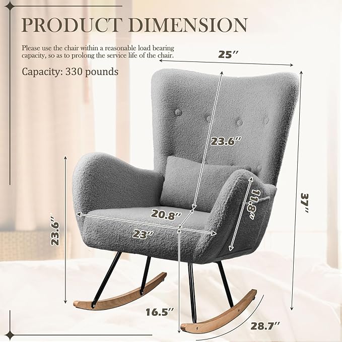 Waleaf Teddy Upholstered Rocking Chair Indoor with High Backrest Glider, Padded Seat Nursing Chair Comfy for Bedroom (Gray)