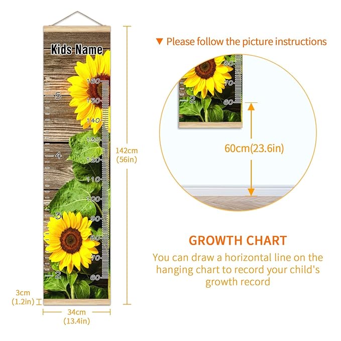 Personalized Kids Name Growth Chart Ruler for Wall Wood Frame Height Measure Chart 13.4x56 in Linen Hanging Height Growth Chart Sunflower and Wood Kids Room Decor