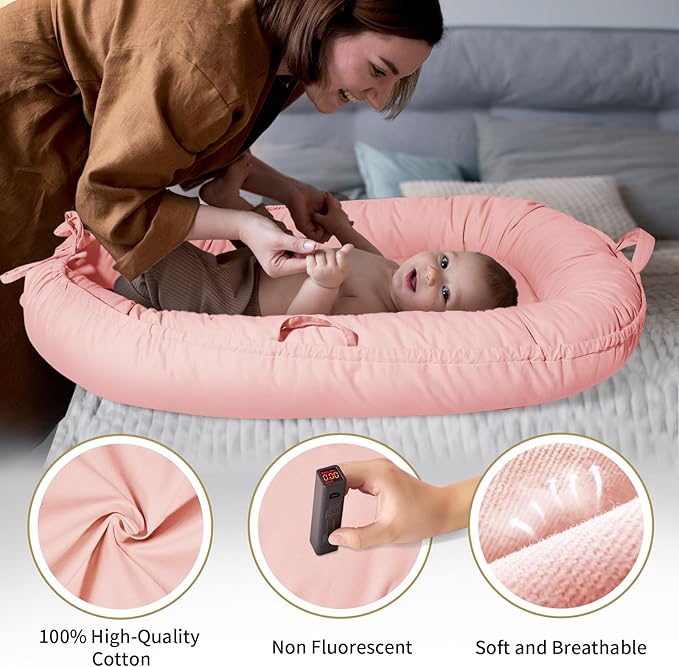 Baby Lounger - Baby Lounger for Newborn 0-24 Months, Soft Breathable Cotton Infant Lounger Cover, Portable Baby Nest for Travel, Newborn Essentials for Baby Girl (Pink)