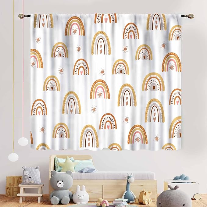 Boho Rainbow Curtains, Kids Girls Baby Cute LovelyRetro Vintage Rainbow Pastel Aesthetic Bohemian Window Curtains for Classroom Bedroom Living Room Nursery Playroom Drapery 2 Panels Set, 84"x84" Inch