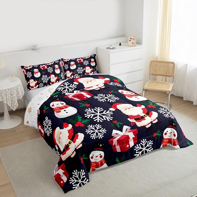 jejeloiu Merry Christmas Comforter Set Full Size Xmas Santa Claus Bedding Set for Kids Boys Girls Cute Snowman Duvet Quilt Dark Blue Bedroom Decor