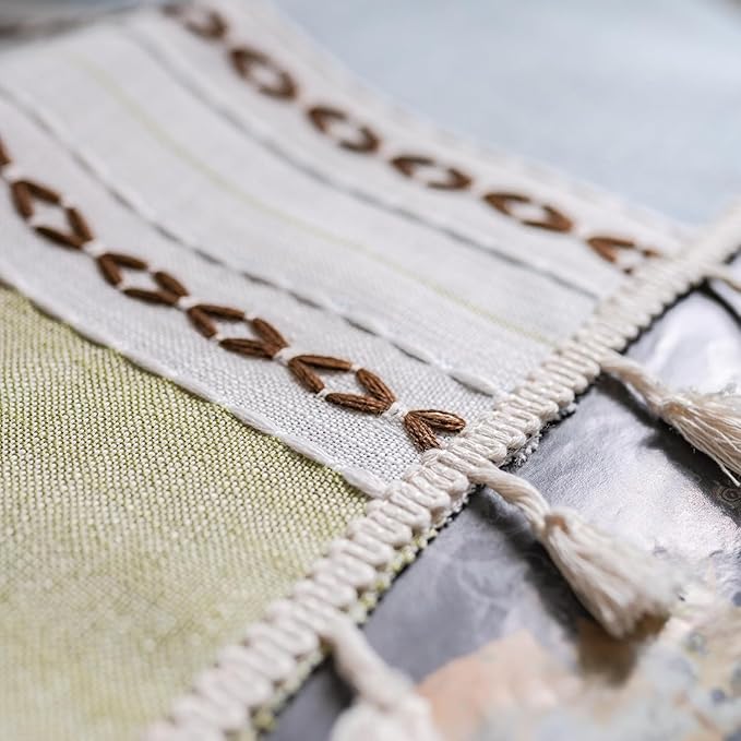 Deeprove Boho Linen Curtains 63 inch for Bedroom Living Room, Semi Blackout American Farmhouse Tassels Window Treatment Bohemian Embroidery Drape Rod Pocket 1 Panel 52" W x 63" L, Blue and Sage Green