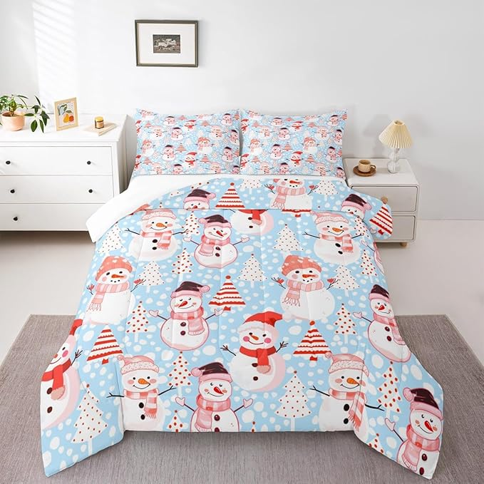 Manfei Christmas Comforter Set Full Size, Snowman and Xmas Trees Bedding Set 3pcs for Kids Girls Adults Bedroom Decor, New Year Blue Down Comforter Soft Polyester Quilt Set with 2 Pillowcases