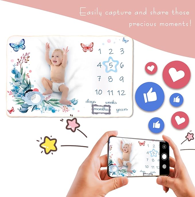 Baby Milestone Blanket| Original Design Baby Monthly Milestone Blanket Boy Girl| Newborn Baby Photography Props Blanket| 60'x40' Le Papillon et la Fleur
