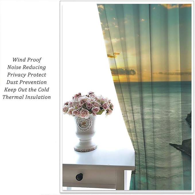 Ocean Beach Curtains,OceanMorning Sunrise Hawaiian Seaside Scene Pattern Blackout Print Home Bedroom Living Room Window Treatments 2 Panel Set 42x63 Inch