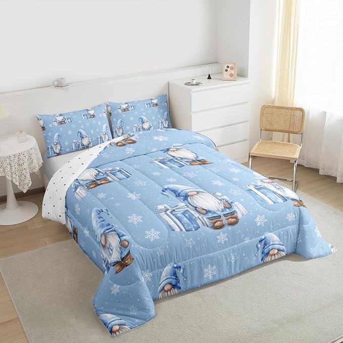 Feelyou Blue Christmas Comforter Set Queen Size Scandinavian Christmas Santa Gnomes Bedding Set for Kids Boys Girls Xmas Snowflake Duvet Quilt Bedroom Decor 3 Pcs with 2 Pillow Cases