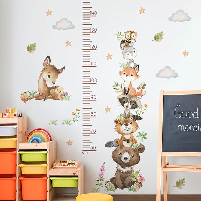 Cartoon Animal Height Growth Chart Wall Sticker for Kids Room Jungle Wild Animals Height Chart Measurement Wall Decals Removable White Clouds Star Garden Plants Grass Wall Murals for Kids Nursey Decor