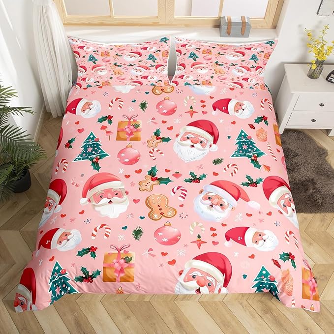 Feelyou Christmas Bedding Set Pink Christmas Duvet Cover Set for Kids Boys Girls Cookies Comforter Cover Christmas Tree Quilt Cover Bedroom Collection 3Pcs Full Size,No Comforter
