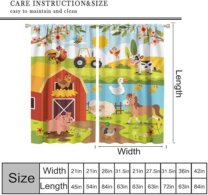 Farmhouse Curtains, Farm Scene Cartoon Animals Pattern Blackout Window Treatments, Rod Pocket Thermal Insulated Drapes 2 Panel Sets for Children Boys Bedroom Nursery Classroom, 42" W X 45" L