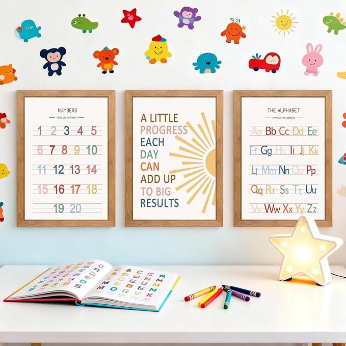 3 PCS Alphabet Numbers Framed Playroom Wall Decor,Classroom Must Haves,A Little Progress Each Day Boho Educational ABC Poster Wooden Sign for Baby Girl Kid Boy Toddlers,Neutral Preschool English Letters Nursery Decor for Homeschool Kindergarten Kids Le...