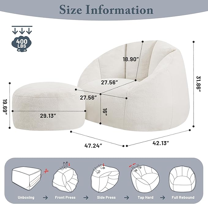Giant Bean Bag Chaise Lounge Indoor Chair for Adults with Ottoman - Comfy Plush Round Shell Soft Accent Chair, Oversized Cozy Floor Sofa for Living Room, Bedroom & Game Rooms, Beige