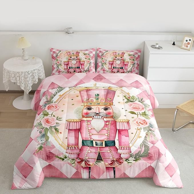 Feelyou Christmas Comforter Set All Season Pink Nutcrackers Bedding Set with 2 Pillow Cases Rose Kids King Bedclothes Floral Bedroom Decor Funny Nutcracker Duvet Quilt Breathable Soft Lightweight