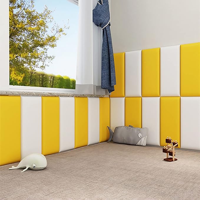 3D Anti-Collision Wall Padding for Kids, Peel and Stick Upholstered Wall Panels, Queen Headboard, Playroom Decorative Protection Panel, Pack of 2 Panels Sized 23.6” X 11.8” (Yellow)