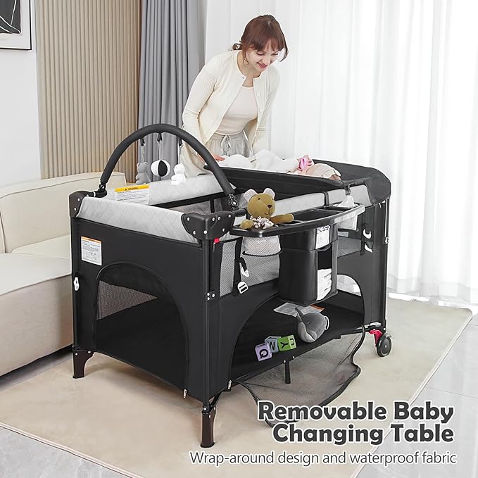 4 in 1 Baby Bassinet Bedside Crib with One-Hand Setup & Waterproof Mattress – ASTM-Certified Pack and Play, Portable Foldable Playard with Diaper Changer for Newborn to Toddler(Black)