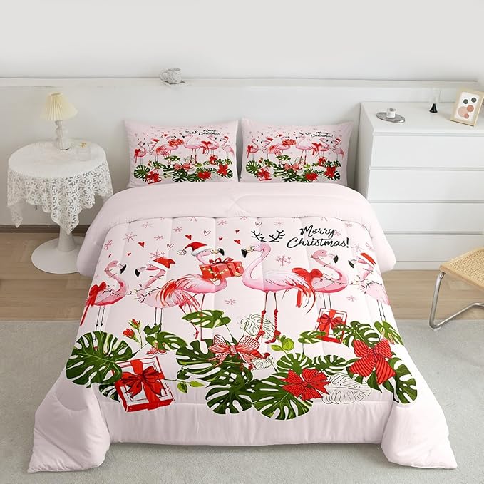 Merry Christmas Full Size Comforter Set,Pink Flamingo Cartoon Bird Animal Bedding Comforters Bedroom Collection,Winter Snowflake Green Leaves Bedding Set for Girls Teens